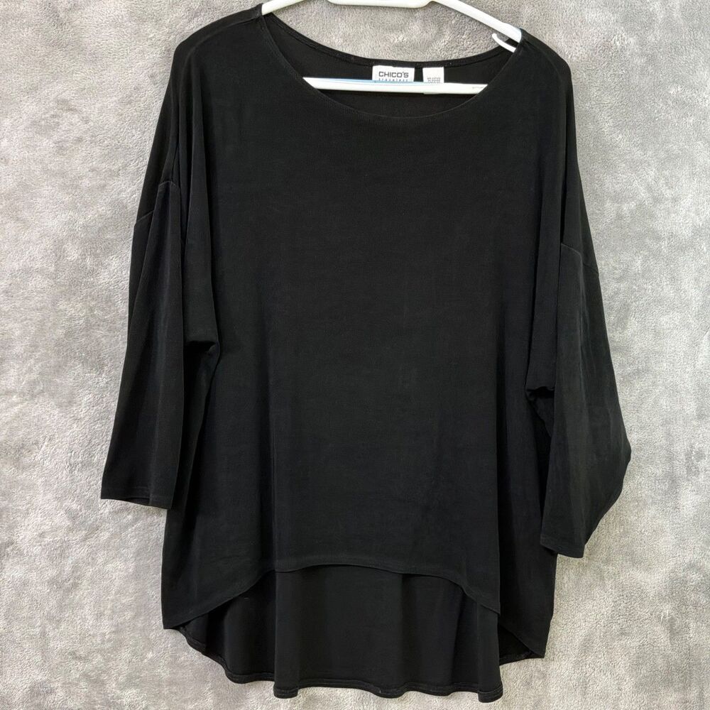 Chico's Travelers Slinky hi low hem Knit top Size 1 US M Black 3/4 sleeves USA